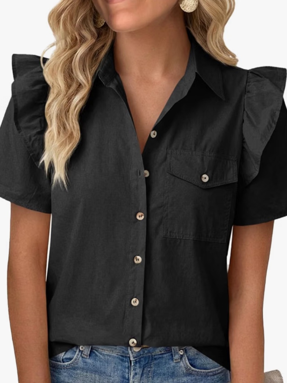 Black Ruffle Sleeve Button-Down Blouse - Women's Top
